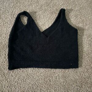 Black Fuzzy V-Neck Crop Top